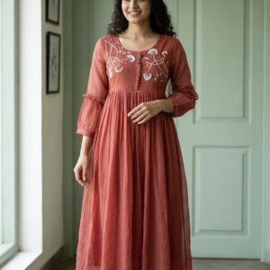 Pure Linen Kota Rust pink Frock