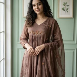 Pure Linen Kota Brown Three-Piece A-Line Suit