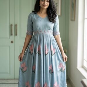 Pastel Blue Pure Chinnon Designer Frock