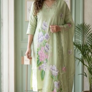 Pista Green Dola Silk Straight-Cut Suit Set