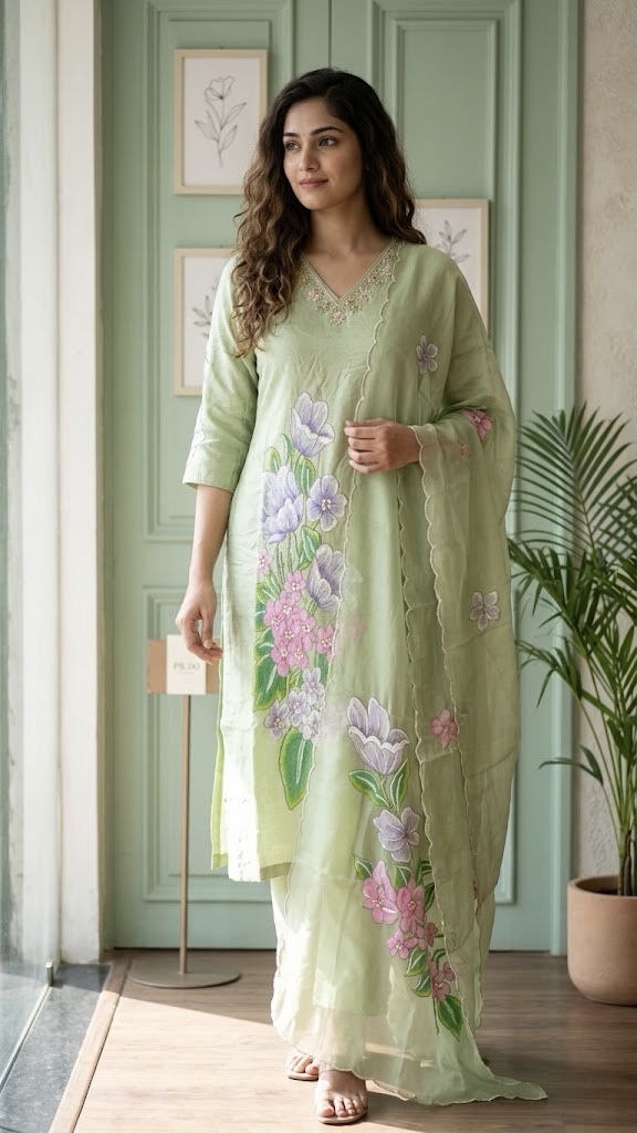 Pista Green Dola Silk Straight-Cut Suit Set