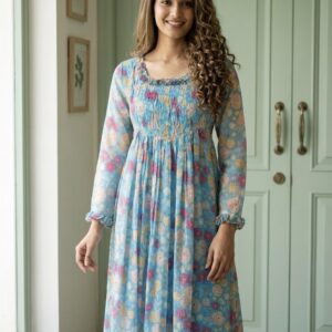 💙 Pure Linen Kota Floral Blue Frock