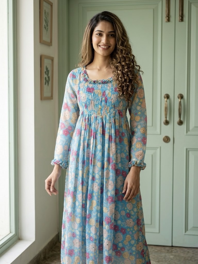 π Pure Linen Kota Floral Blue Frock