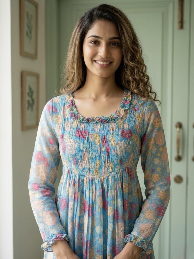 π Pure Linen Kota Floral Blue Frock - Image 2