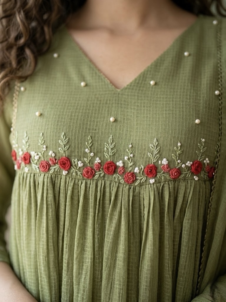 Pure linen kota light mehendi green three-piece A-line suit - Image 2