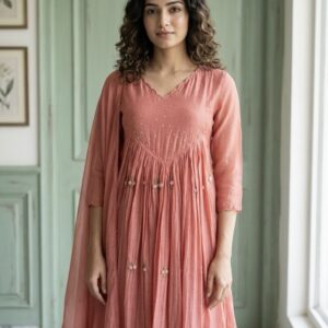 Pink peach pure Benarasi mul chanderi three-piece A-line suit