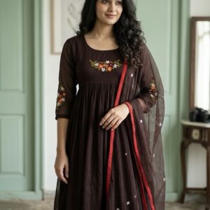 Pre-order ❤️ Dark coffee brown pure linen kota Anarkali three-piece suit