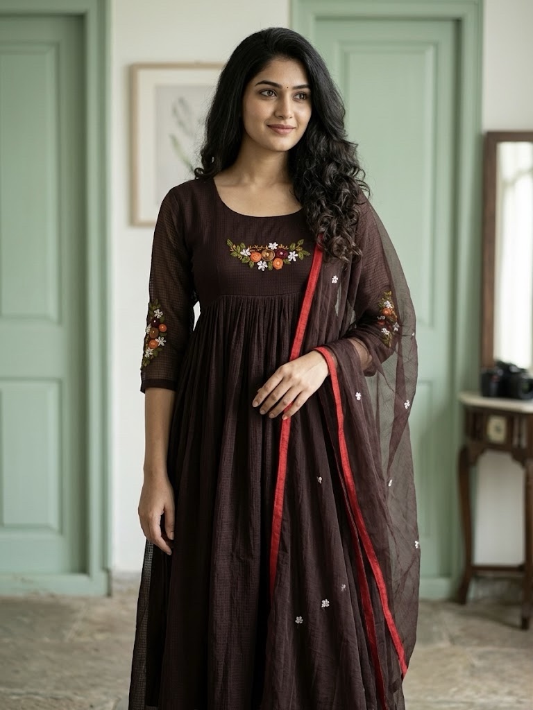Pre-order β€οΈ Dark coffee brown pure linen kota Anarkali three-piece suit