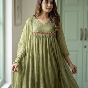 Pure linen kota light mehendi green three-piece A-line suit