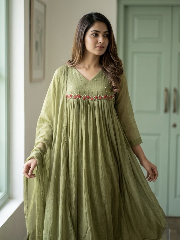 Pure linen kota light mehendi green three-piece A-line suit