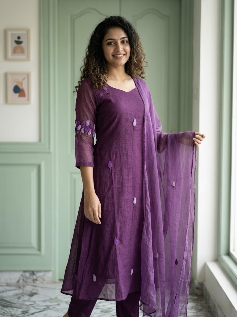 ✨ Lavender Twilight – Pure Linen Kota Designer Suit Set ✨