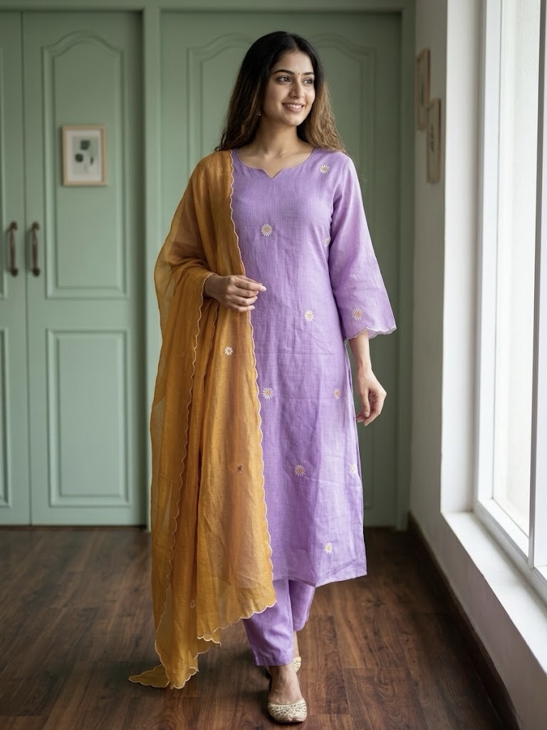 ✨ Lilac Bloom – Pure Linen Kota A-Line Suit Set ✨