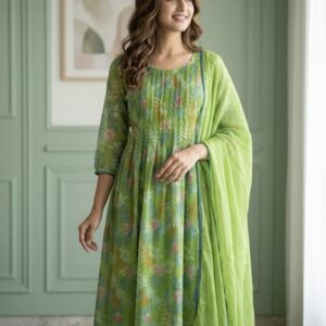 Parrot Bloom Linen Kota A-Line Suit Set