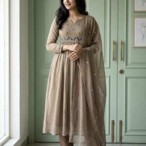 β¨ Desert Beige β Pure Linen Kota Anarkali Set β¨