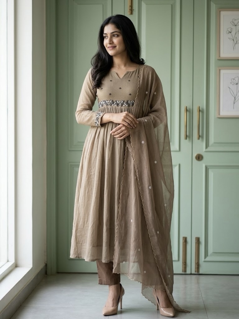 ✨ Desert Beige – Pure Linen Kota Anarkali Set ✨
