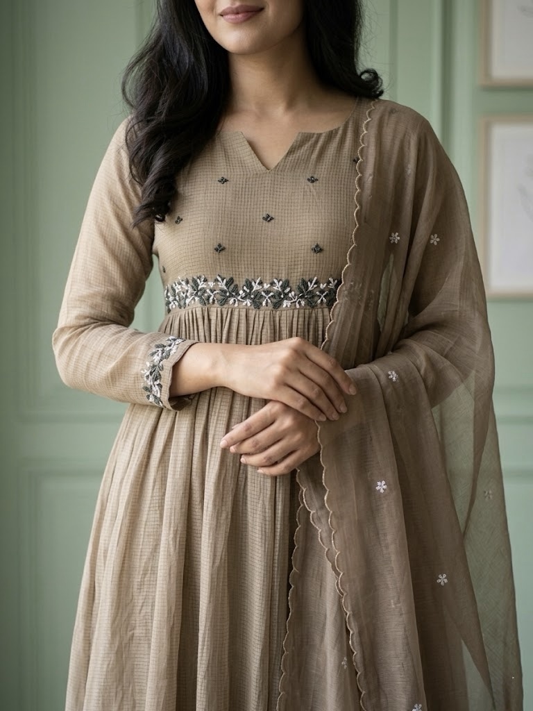 ✨ Desert Beige – Pure Linen Kota Anarkali Set ✨ - Image 2