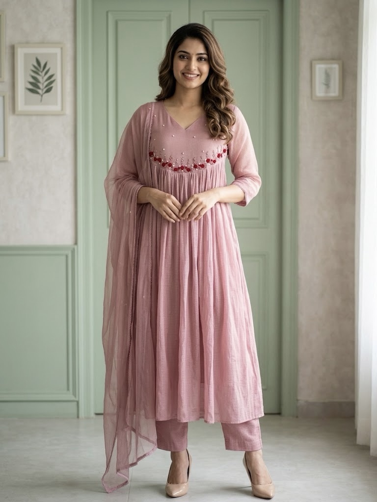 ✨ Rose Brick – Pure Linen Kota A-Line Suit Set ✨