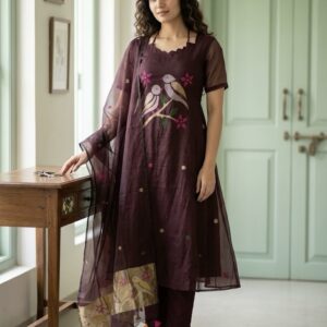 Pre-order : Kasturi Muslin Jamdani A line three piece suit