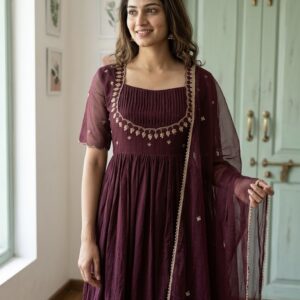 Vintage Wine Linen Kota Anarkali Suit Set