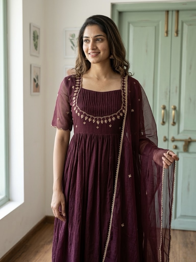 Vintage Wine Linen Kota Anarkali Suit Set