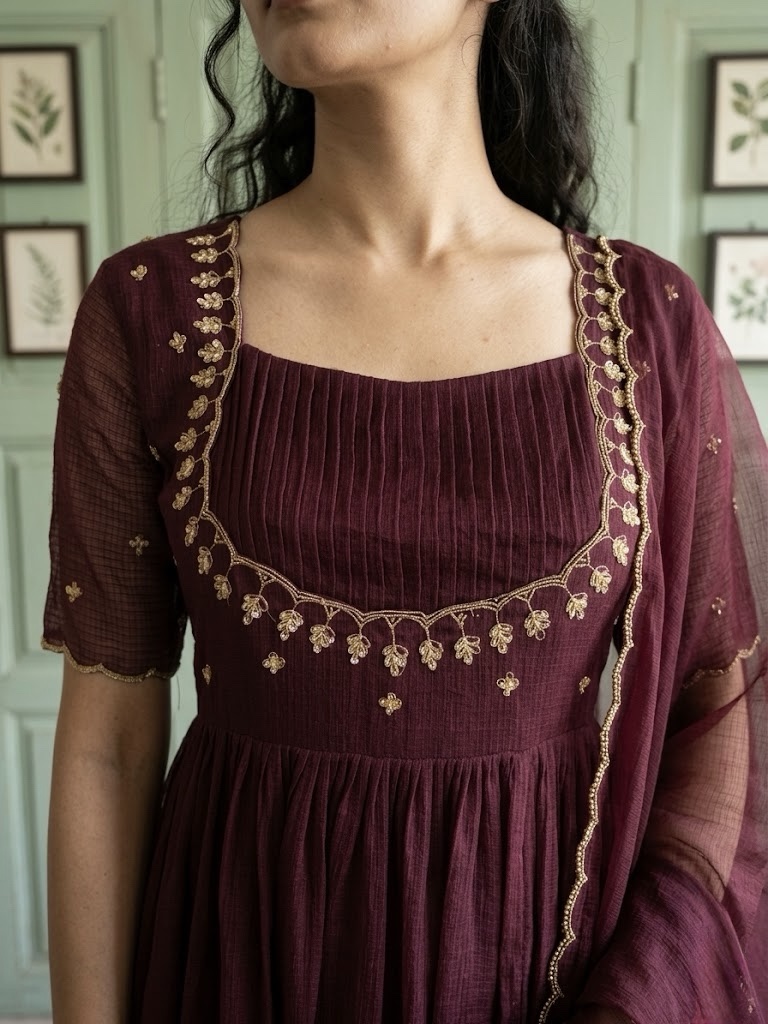 Vintage Wine Linen Kota Anarkali Suit Set - Image 2
