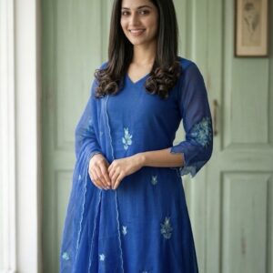 Azure Butti Linen Kota A-Line Suit Set