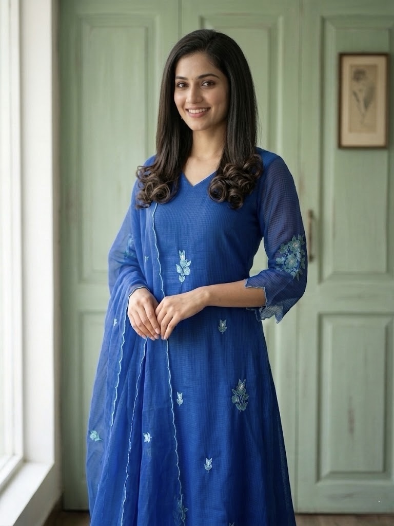 Azure Butti Linen Kota A-Line Suit Set