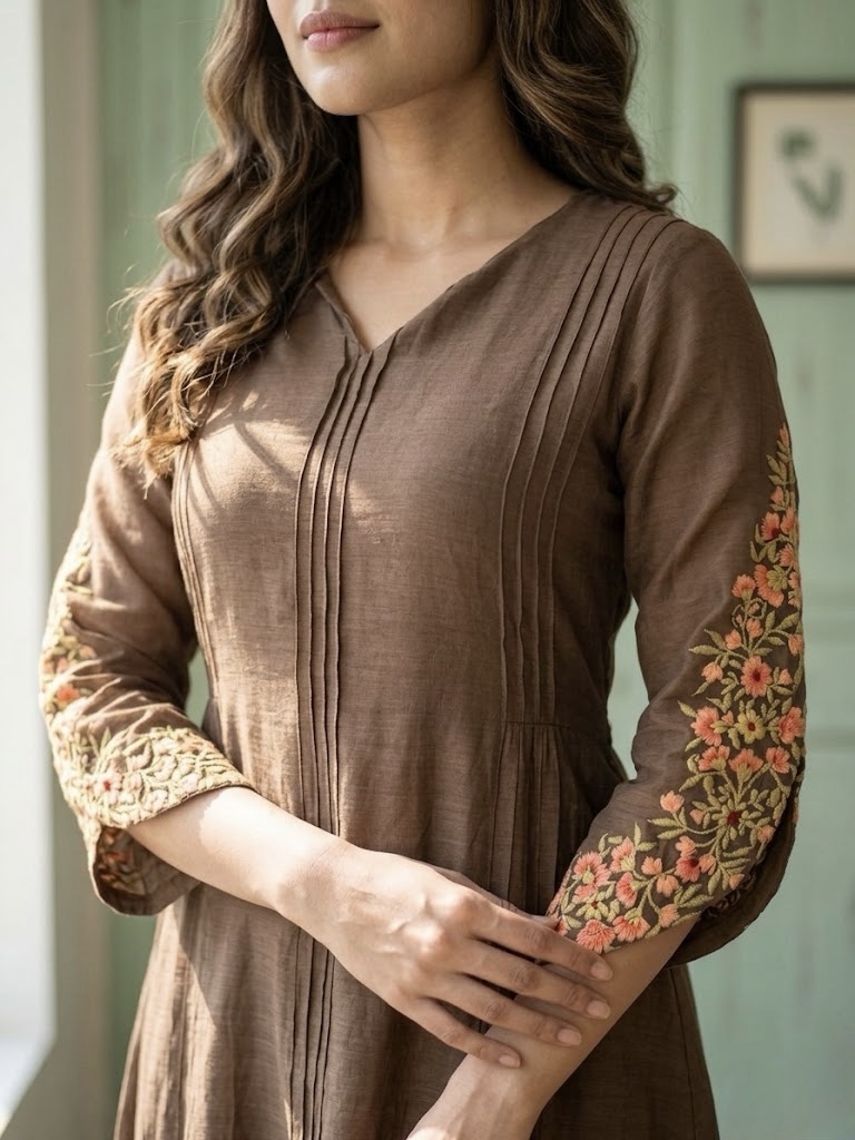 Mocha Elegance Mul Chanderi A-Line Suit Set - Image 2