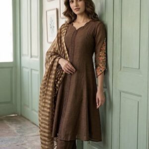Mocha Elegance Mul Chanderi A-Line Suit Set