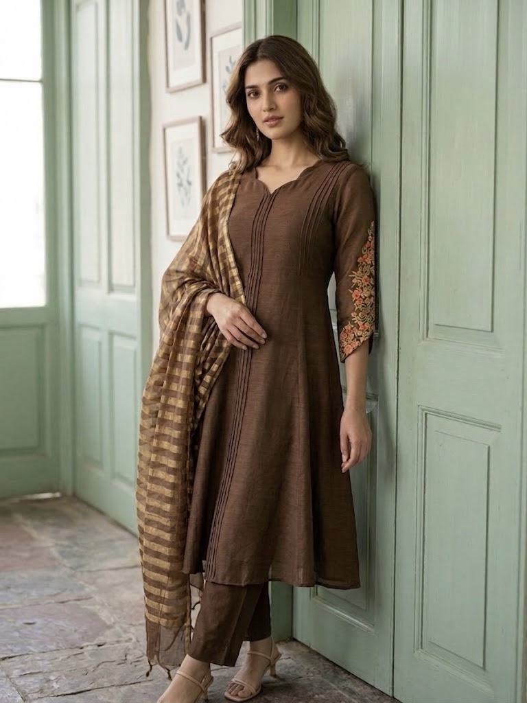 Mocha Elegance Mul Chanderi A-Line Suit Set