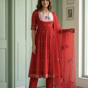 Red Pure Jamdani Anarkali Suit Set