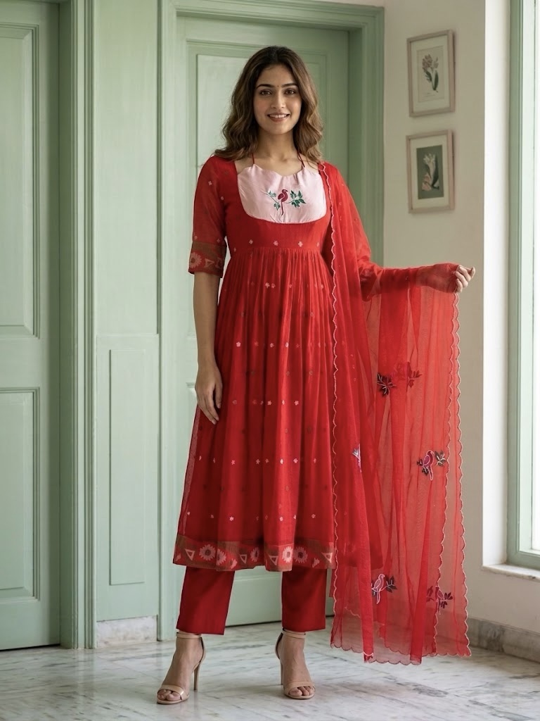 Red Pure Jamdani Anarkali Suit Set
