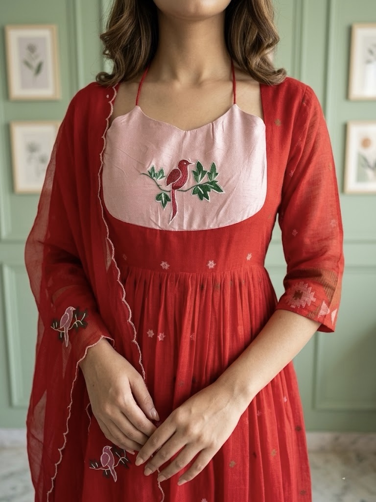 Red Pure Jamdani Anarkali Suit Set - Image 2