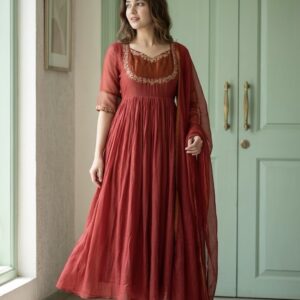 Rust Maroon Banarasi Mul Chanderi Designer Anarkali Suit Set
