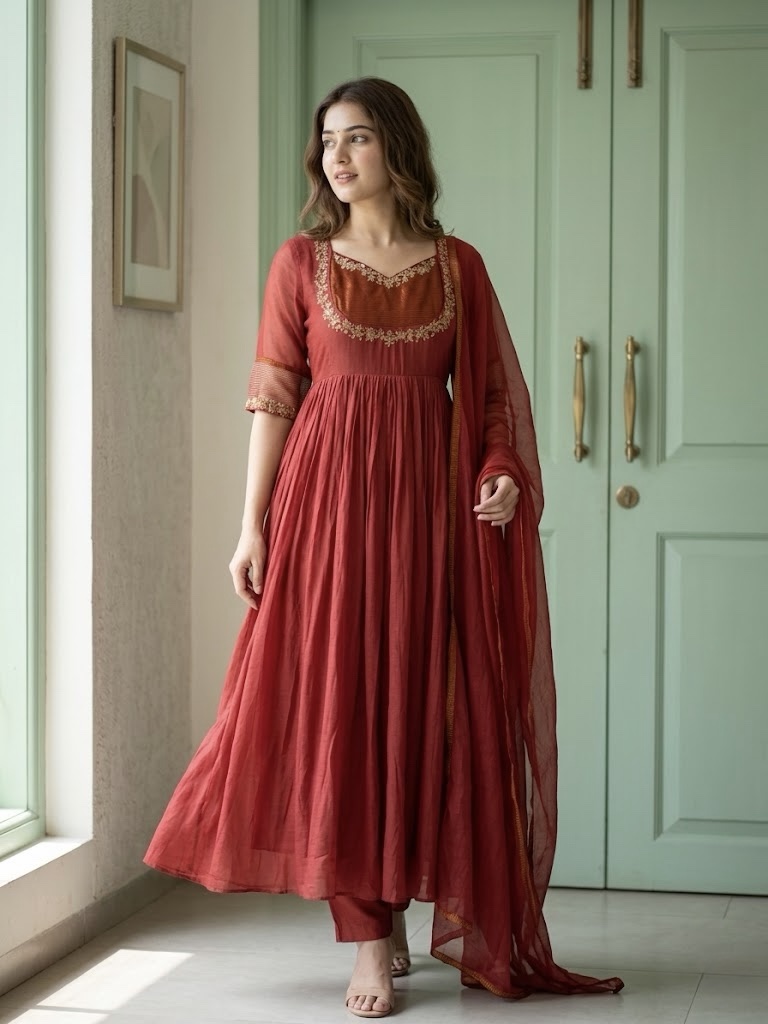 Rust Maroon Banarasi Mul Chanderi Designer Anarkali Suit Set
