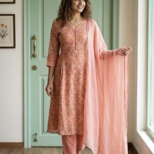Peach Blossom Linen Kota A-Line Suit Set
