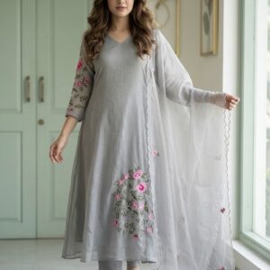 Pastel Grey Pure Linen Kota Three-Piece A-Line Designer Suit
