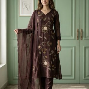 Mocha Heritage Banarasi Suit Set – 3 Piece Ensemble