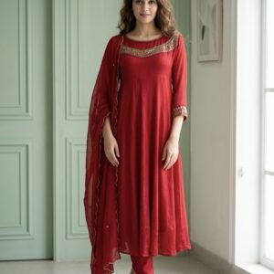 Maroon Red Chinnon Anarkali Pattern Designer Three-Piece Suit with Designer Embroidery