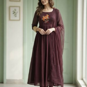 Pure Linen Kota Anarkali Suit with Hand Embroidery 🟤