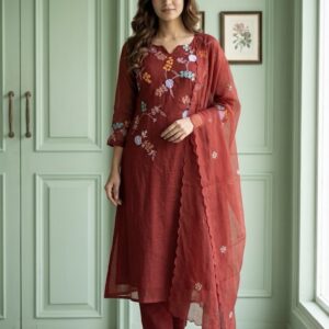 Maroon Red A-Line Three-Piece Pure Linen Kota Suit with Heavy Appliqué Work