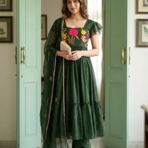💚 Emerald Elegance Pure Linen Kota Anarkali Suit Set 💚