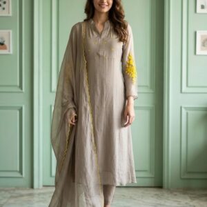 🤍🩶 Pearl Mist Pure Banarasi Mul Chanderi A-Line Suit Set 🤍🩶