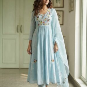 💙 Powder Blue Royale Banarasi Mul Chanderi Suit Set 💙