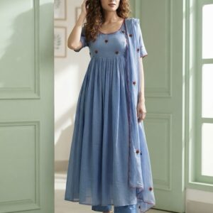 💙 Greyish Blue Pure Linen Kota Anarkali Suit 💙