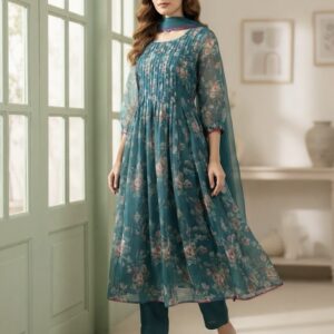 Mayura Bloom Peacock Blue Mul Kota A-Line Suit Set