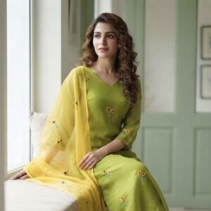 Parrot Green Pure Linen Kota A-Line Three-Piece Suit