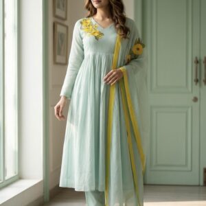 Powder Blue Pure Mul Kota Anarkali Three-Piece Designer Suit