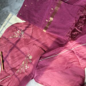 Brick Pink Pure Banarasi Mul Chanderi A-Line Three-Piece Suit