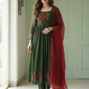✨ Mehendi Green & Maroon Red Pure Mul Kota Designer Anarkali Suit ✨
